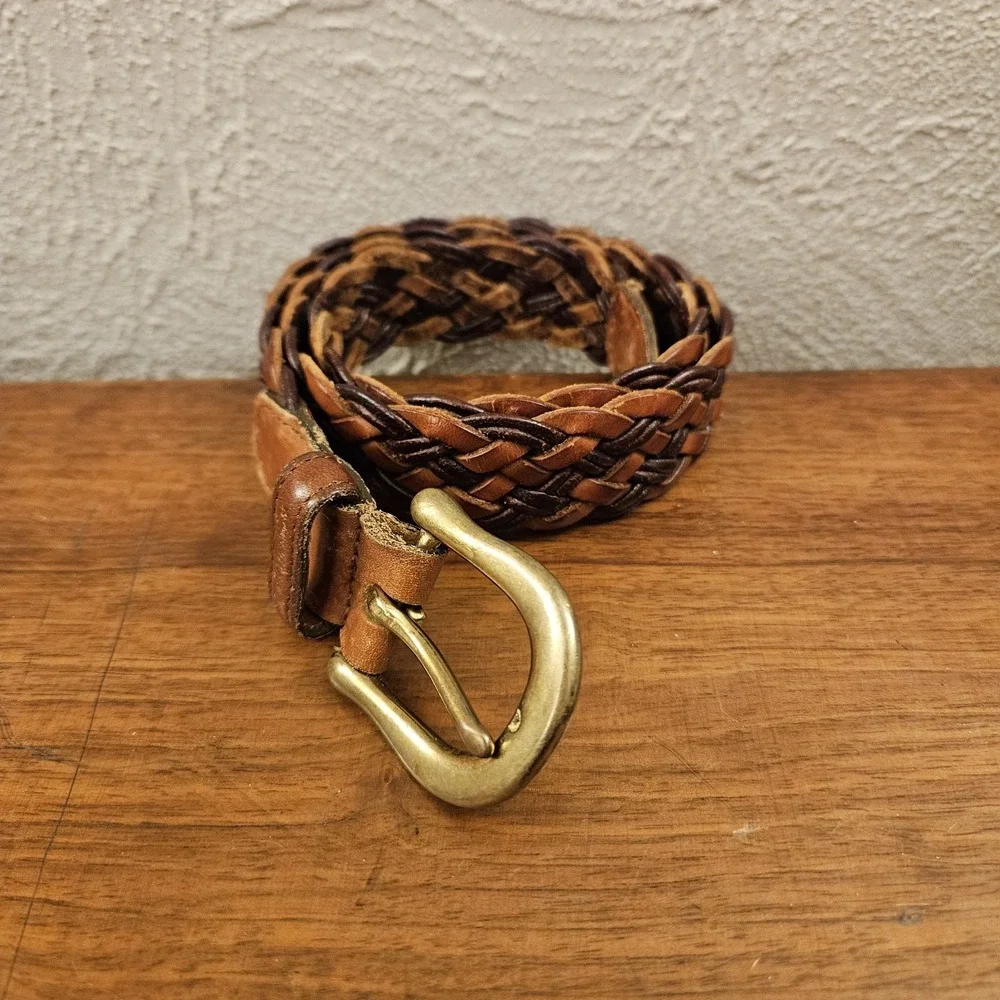 Vintage COACH 3914 Womens British Tan Leather‎ Braided Woven Belt Small Brass